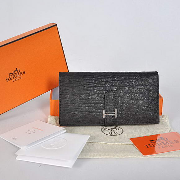 High Quality Hermes Bearn Japonaise Ostrich Leather BI-Fold Wallet H208 Black Fake - Click Image to Close